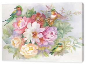 Akwarela ręcznie rysowane kolorowe piękne kwiaty i ptaki.