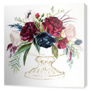 Watercolor hand painted wedding romantic illustration on white background - vintage gold vase / pot of flowers. Floral bouquet composition. Pink peonies, blush anemones, maroon roses. Decoration.