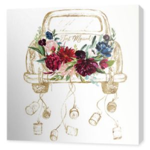Watercolor hand painted wedding romantic illustration on white background - vintage gold car with cans & flower floral bouquet composition. Just Married! Peonies, anemones, roses, leaves.