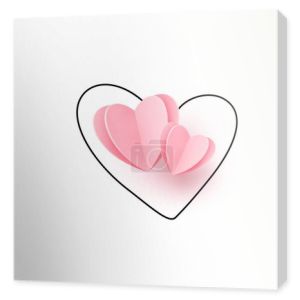 Two pink realistic paper cut hearts on heart outline line, isolated on white vector background. Love romantic elegant pattern.