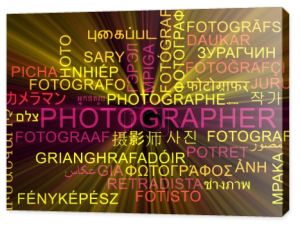 Photographer multilanguage wordcloud background concept glowing