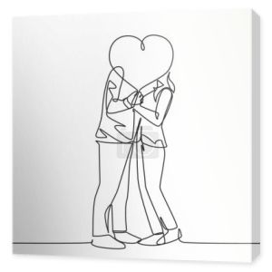 One single line drawing of young happy couple man and woman kissing and covered by heart shape balloon celebrating their marriage. Romantic love concept continuous line draw design vector illustration