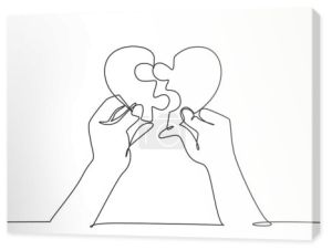 Single continuous line drawing of cute young happy man put the puzzle pieces together to heart shape form. Romantic love marriage concept. Modern one line draw graphic design vector illustration