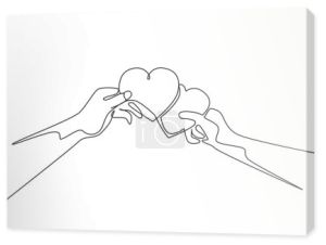 Single continuous line drawing of cute young happy man ad woman couple holding heart shaped paper and unite it together. Romantic love invitation card concept one line draw design vector illustration