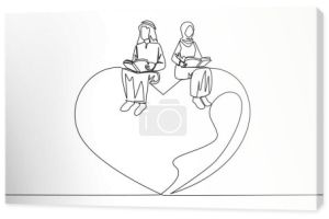Single continuous line drawing Arab man woman sitting on big heart. Reading romantic fiction book. Enjoy storyline. Hobby reading story book. Book festival concept. One line design vector illustration