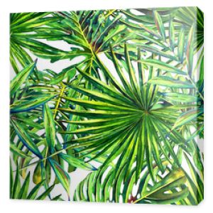 Kwiatowy wzór z akwarela tropikalnych liści palmowych. Dżungla liści na białym tle. Projektowanie tekstyliów.