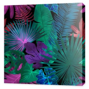 Wzór Neonowe tropikalne liście palm, monstera, paproci. Różowe, fioletowe i niebieskie rośliny na czarnym tle.