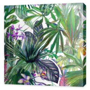 Tropikalny wzór z tropikalnych kwiatów, liści bananowca. Okrągłe liście palmowe, storczyki malowane akwarelą.