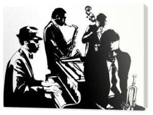 Plakat jazzowy z saksofonem, kontrabasem, fortepianem i trąbką