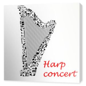 Projekt plakatu muzycznego z harfą i nutami