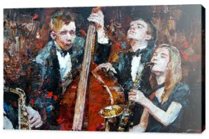 Stylowy zespół jazzowy grający muzykę na scenie, tło jest brązowe, pomalowane w ekspresyjny sposób. Szpachelka technika malarstwa olejnego i pędzla.