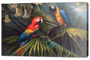 Dwie duże jasne papugi siedzące na gałęzi w dżungli. Obraz olejny