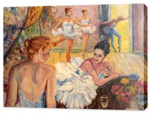 Obraz olejny przedstawiający młode baletnice ubrane w spódniczki tutu w ich pracowni.