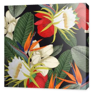 Kwiatowy wzór z tropikalnych kwiatów na jasnym tle. Projekt szablonu do tekstyliów, wnętrz, ubrań, tapet. Ilustracja wektorowa. Sztuka botaniczna. Styl grawerowania