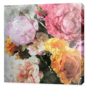sztuka grunge kwiatowy ciepły sepia rocznika akwarela tło z białymi, herbatami, żółtymi, fioletowymi i różowymi różami i piwoniami