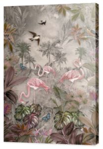 wallpaper jungle and tropical forest banana palm and tropical birds, old drawing vintage