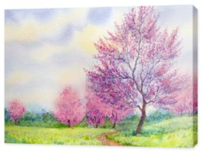 akwarela wiosnę krajobraz. kwitnące drzewo w polu