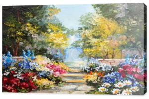 obraz olejny pejzaż - kolorowy lato leśnych, piękne kwiaty