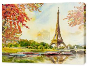 Krajobraz miasto europejskie Paryż. Francja, słynnego z romantyczny Seine river widok jesienią, akwarela, ilustracja, skyline tło wieża Eiffla. landmark świata