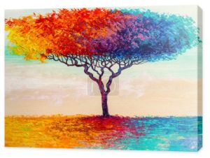 Obraz olejny krajobraz, kolorowe abstrakcyjne drzewo. Ręcznie malowany impresjonista.