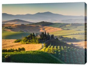 Malowniczy krajobraz Tuscany z wzgórz i dolin w świetle poranka złoty, Val d'Orcia, Włochy