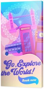 London Cityscape with All Famous Building Color Image. Around World Travel Concept Banner. Red Bus, Big Ben, Phone Booth, Tower Bridge England Symbol. Flat Cartoon Vector Illustration