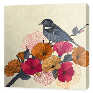 Vintage ilustracji wektorowych ptaka z kwiatami w ogrodzie. Streszczenie czerwono-pomarańczowe kwiaty i ptak na gałęzi w ogrodzie na beżowym tle