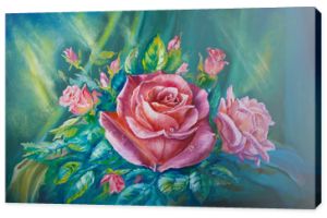 Vintage tkanina bukiet różowych róż na kartkę z życzeniami, tło, obraz olejny ilustracja kwiatowy