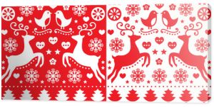 Świąteczna czerwona kartka z życzeniami z reniferem - styl sztuki ludowej