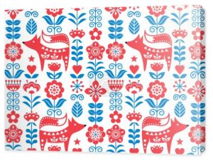 Skandynawski lub nordycki wektor sztuki ludowej bezszwowy wzór z kwiatami i lisem, kwiatowy wzór tkaniny inspirowany tradycyjnym haftem ze Szwecji, Norwegii i Danii