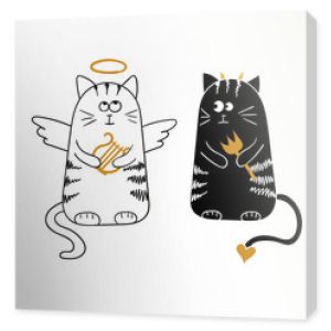 Koty kreskówka, anioł i diabeł. Ilustracja wektorowa.