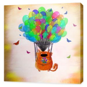 Kot z kwiatami lecący na kolorowych balonach