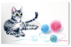 Akwarela ciągnione ilustracja ilustrowany zabawny kot z paski-Kitten gra z kulki nici Aquarelle-czarny, szary, biały