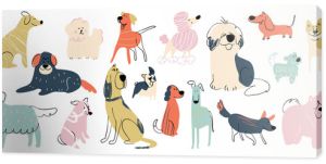 Słodkie psy doodle wektor zestaw. Pies lub szczeniak postaci z kreskówek projektuje kolekcję z płaskim kolorem w różnych pozach. Zestaw zabawnych zwierząt domowych na białym tle.