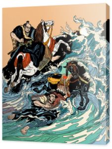Dwóch jeźdźców samurajów przekraczających wzburzone morze. Jeden wojownik z czarnym koniem pływającym w wodzie, inny jeździec na lądzie na białym koniu. Ilustracja wektorowa w stylu graficznym