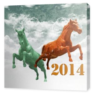roku koncepcja koń, kolorowy koń na chmurze
