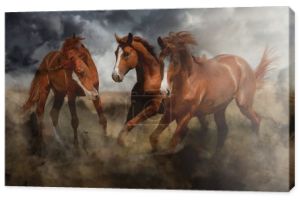 Piękne konie kopiące kurz podczas biegania pod burzliwym niebem