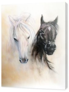 Koń głowy, dwa duchy czarno-biały koń, piękne szczegółowy obraz olejny na płótnie, streszczenie tło ocre