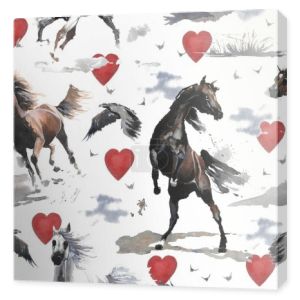 Ręcznie rysowane akwarela cute kreskówka bezszwowy wzór Ilustracja białe i ciemnobrązowe dzikie konie i serce na białym tle tkaniny, pościel, tapety lub inne tekstury. 