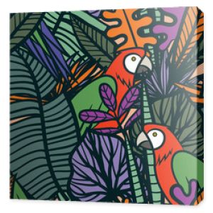 Kolorowy tropikalny wzór z egzotycznymi roślinami i papugami. Bezszwowy wektor tropikalny wzór z liśćmi i ptakami