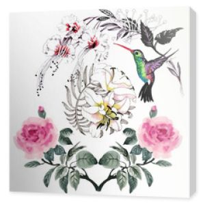 Akwarela ręcznie rysowane wzór z pięknymi kwiatami i kolorowymi ptakami na białym tle.