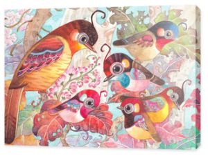 Nowa generacja kolorowych ptaków. Ręcznie rysowane ilustracja akwarela na tle, tapeta, dekoracja, ilustracja przyrody, ilustracja kreskówka ptaki, plakat, clipart, ilustracja zwierząt.