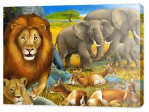 scena safari kreskówki z lwami spoczywających i słoń na łące ilustracja dla dzieci