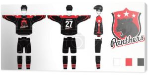 makieta formy hokejowej izolowana na białym tle - makieta ilustracji wektorowej. Mundur hokejowy z logo Panthers - wzór do szycia - sweter hokejowy i podgrzewacze nóg hokejowych, getry