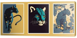 Zestaw ręcznie rysowanych wektorowych ilustracji lamparta, jaguara, pantery. plakat druku ściennego