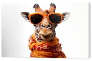giraffe wearing sunglasses and orange scarf isolated on gray background. generative ai