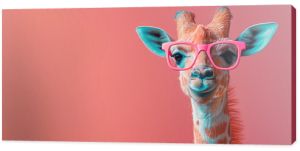 A fashionable giraffe stands tall, sporting pink glasses and showcasing the elegance of this majestic mammal in the wild