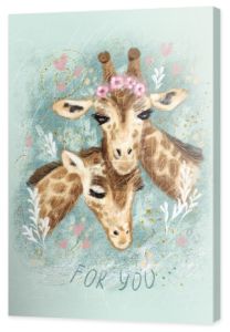 Cute colorful card in retro style. Beautiful spotted giraffes with inscription "For you". On a soft blue background with small hearts and plants