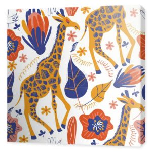 Bezbarwny wzór z żyrafami, egzotycznymi kwiatami i liśćmi. Ilustracja wektora na białym tle.