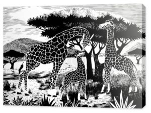 Wektorowa ilustracja rodziny żyraf w Savannah. Natura Afryki. Rezerwy i parki narodowe. 